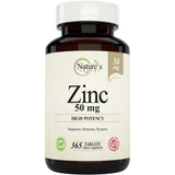 Frasco de Nature’s Potent Zinc 50 mg en presentación de 365 tabletas
