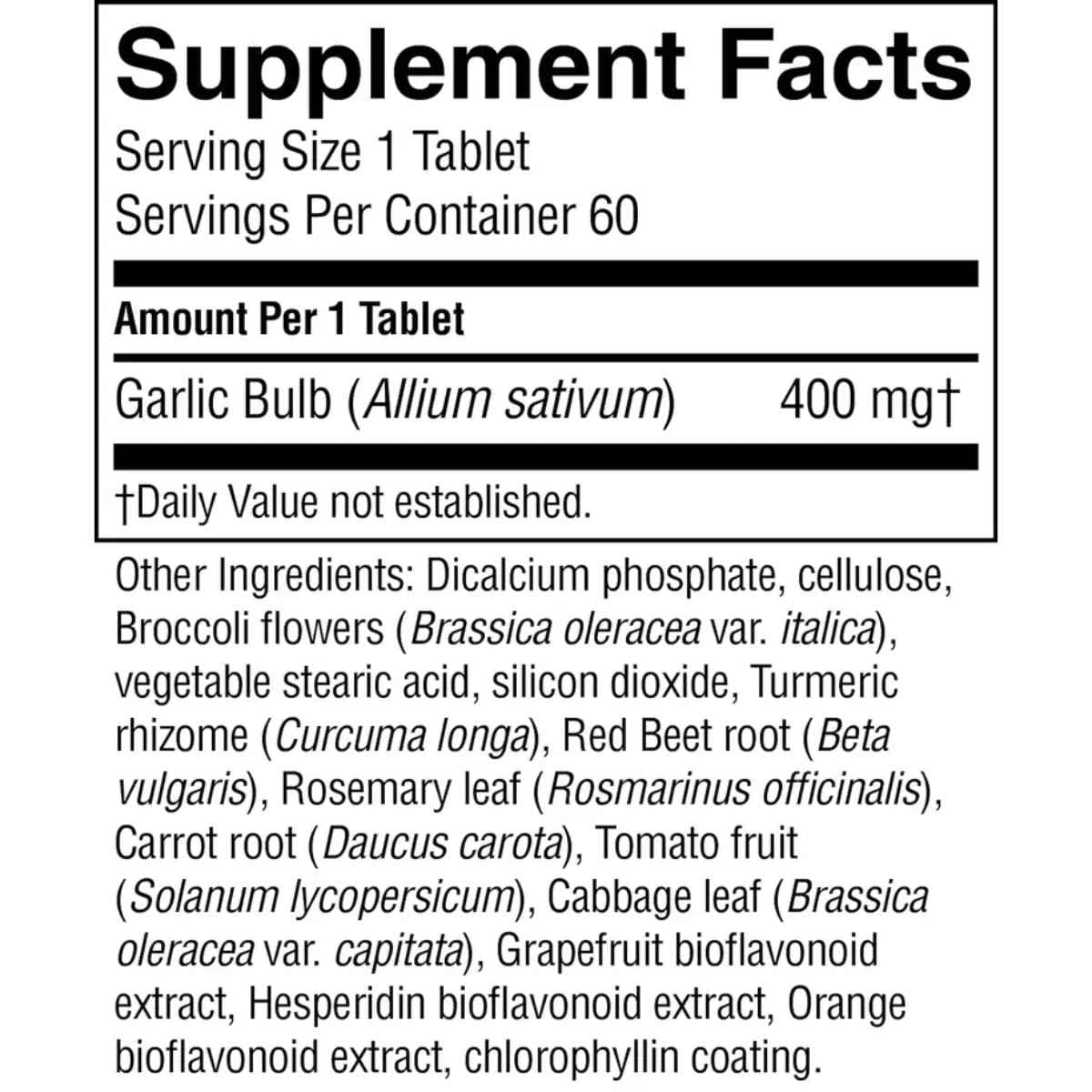 Tabla nutricional del suplemento Nature's Sunshine Ajo de Alta Potencia 60 tabletas