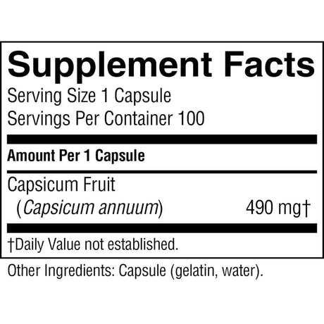 Tabla nutricional del suplemento Nature's Sunshine Cayena 490 mg 100 cápsulas