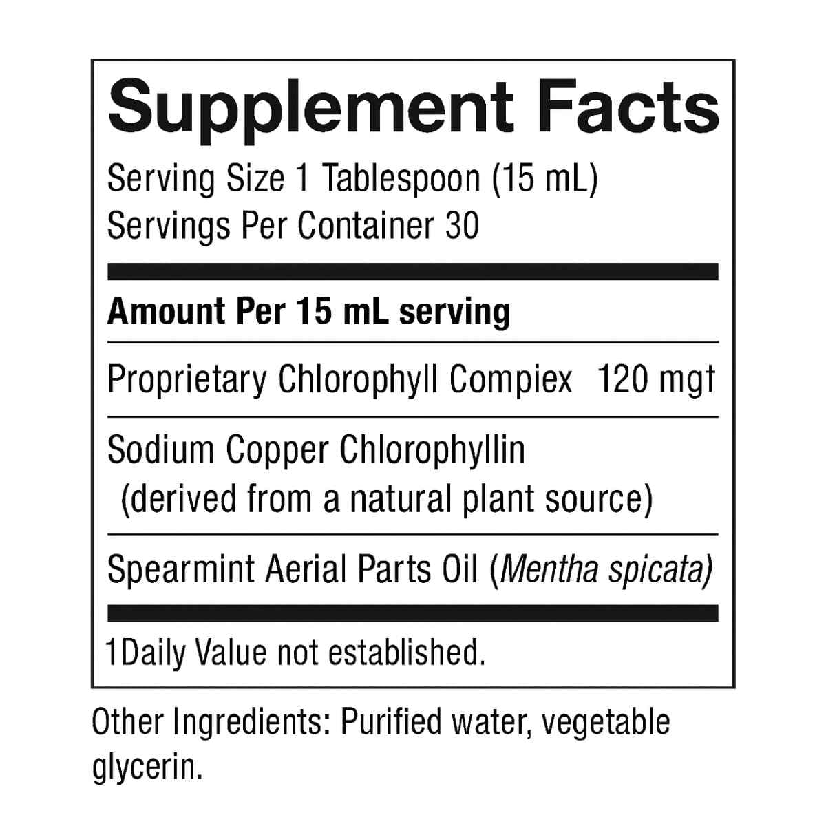 Tabla nutricional del suplemento Nature's Sunshine Clorofila Líquida 120 mg 460 ml