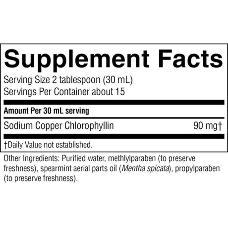 Tabla nutricional del suplemento Nature's Sunshine Clorofila Líquida Sabor Menta 473 mL