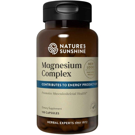 Frasco de complejo de magnesio en cápsulas de la marca Nature’s Sunshine, presentación de 100 cápsulas