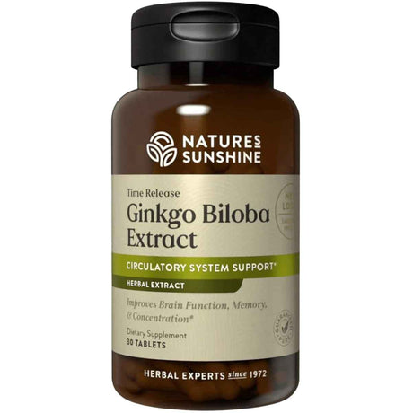 Frasco frontal de Nature's Sunshine Extracto de Ginkgo Biloba de liberación prolongada con 30 tabletas