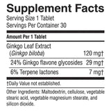 Tabla de información del suplemento de Nature's Sunshine Extracto de Ginkgo Biloba 120 mg por tableta