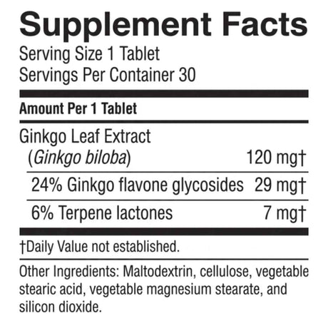 Tabla de información del suplemento de Nature's Sunshine Extracto de Ginkgo Biloba 120 mg por tableta