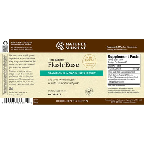 Información del suplemento de Nature's Sunshine Flash-Ease 60 tabletas con mezcla patentada de 265 mg por tableta.