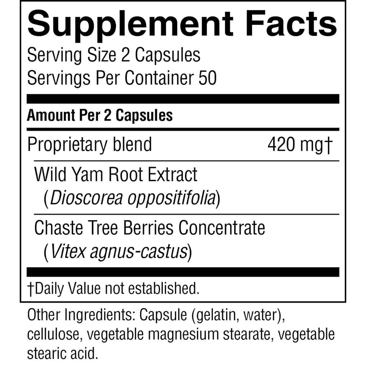 Tabla nutricional del suplemento Nature's Sunshine - Ñame Silvestre y Árbol Casto 100 cápsulas
