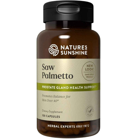 Frasco de suplemento Nature's Sunshine Saw Palmetto 100 cápsulas