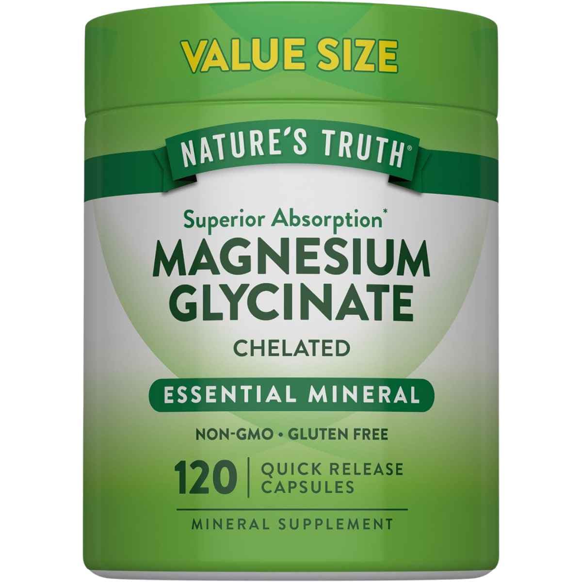 Frasco frontal de Nature’s Truth glicinato de magnesio, presentación de 120 cápsulas