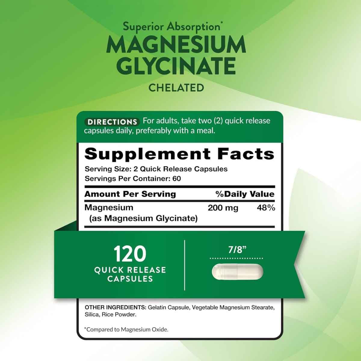 Etiqueta posterior de Nature’s Truth glicinato de magnesio, presentación de 120 cápsulas