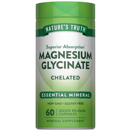 Frasco frontal de Nature’s Truth glicinato de magnesio, presentación de 60 cápsulas