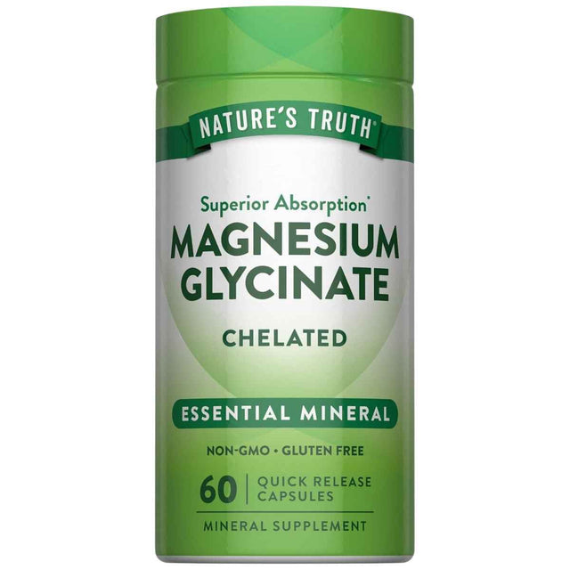 Frasco frontal de Nature’s Truth glicinato de magnesio, presentación de 60 cápsulas