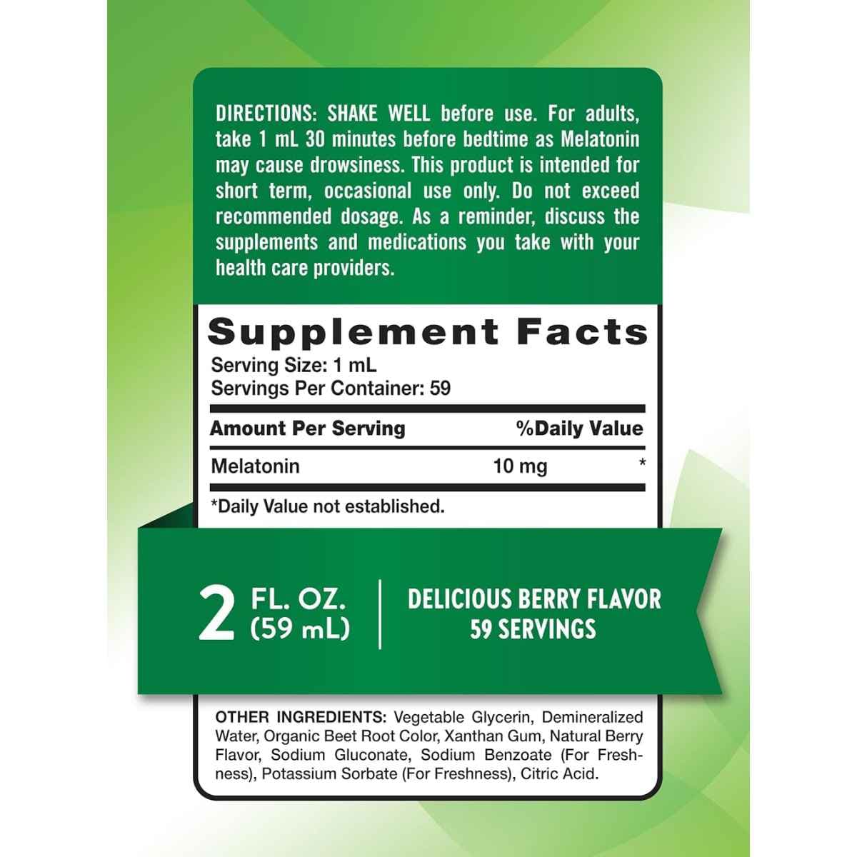 Tabla nutricional del suplemento Nature's Truth Melatonina Líquida Sabor Baya 10 mg 59 ml