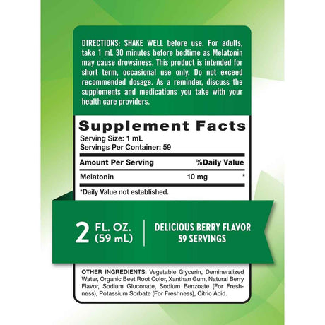 Tabla nutricional del suplemento Nature's Truth Melatonina Líquida Sabor Baya 10 mg 59 ml