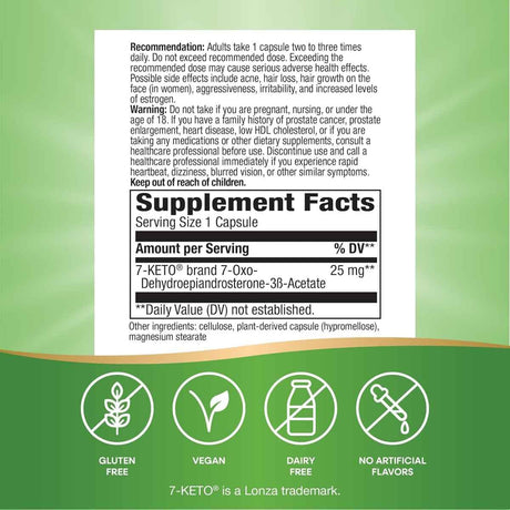 Tabla nutricional del suplemento Nature's Way 7-KETO DHEA Metabolito 60 cápsulas