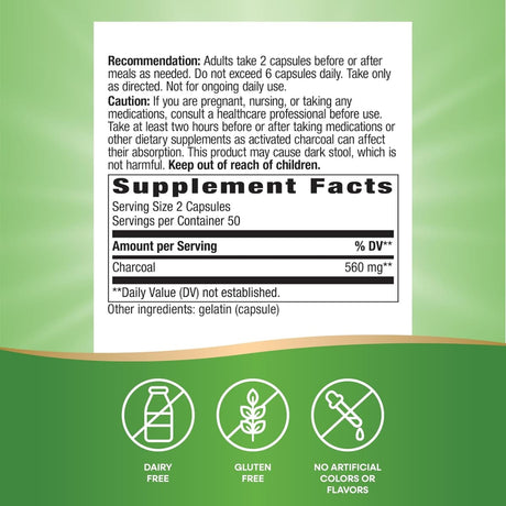 Tabla nutricional del suplemento Nature's Way Carbón Activado 100 Cápsulas