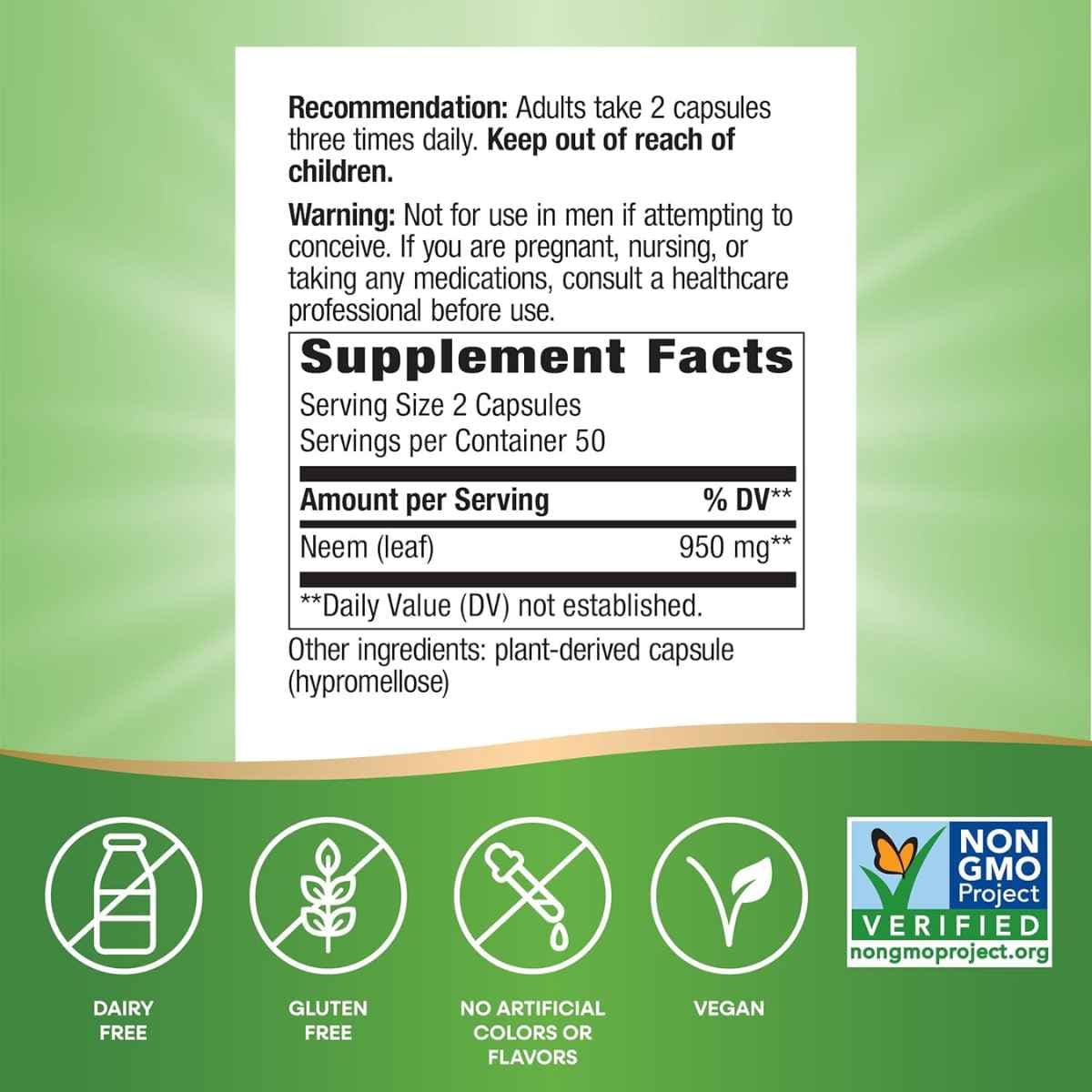Tabla nutricional del suplemento Nature's Way Hoja de Neem 100 cápsulas veganas