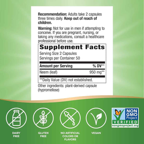 Tabla nutricional del suplemento Nature's Way Hoja de Neem 100 cápsulas veganas