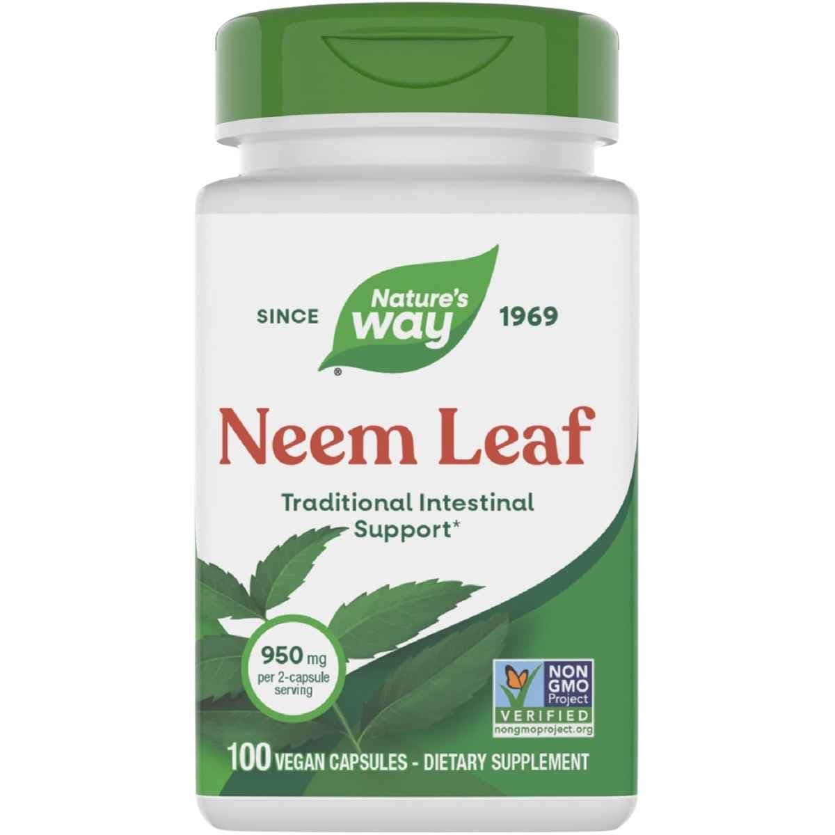 Frasco de suplemento Nature's Way Hoja de Neem 100 cápsulas veganas