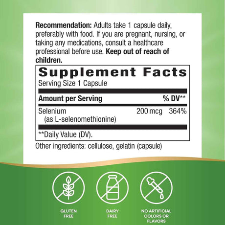 Tabla nutricional del suplemento Nature's Way Selenio (como L-Selenometionina) 200 mcg - 100 Cápsulas