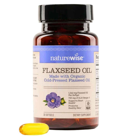 Frasco frontal de NatureWise Aceite de Linaza 1242 mg en presentación de 30 cápsulas blandas