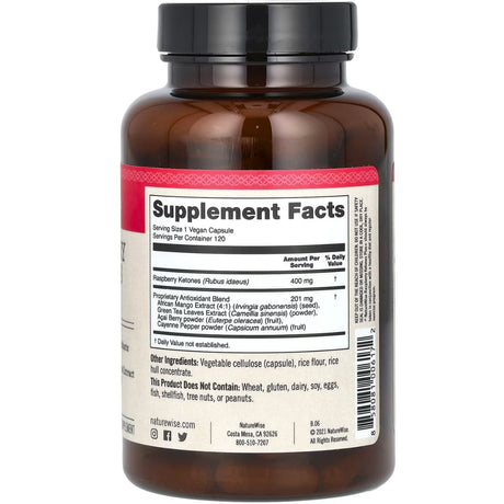 Tabla nutricional del suplemento NatureWise Cetonas de Frambuesa Plus+ 400 mg 120 cápsulas