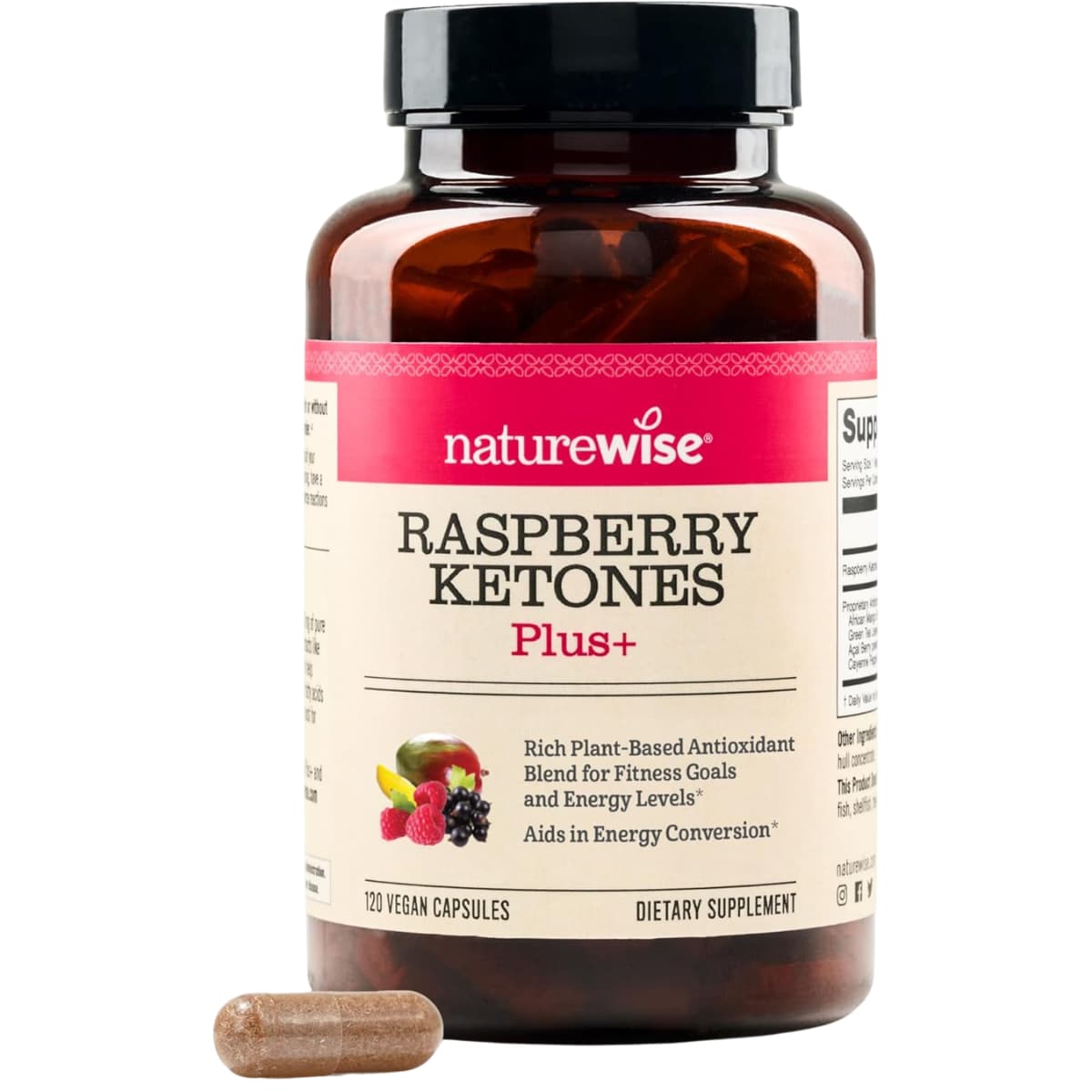 Frasco de suplemento NatureWise Cetonas de Frambuesa Plus+ 400 mg 120 cápsulas