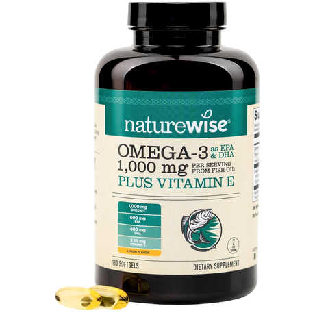 Frasco frontal de NatureWise Omega 3 con vitamina E, 1000 mg por porción, 180 cápsulas blandas.
