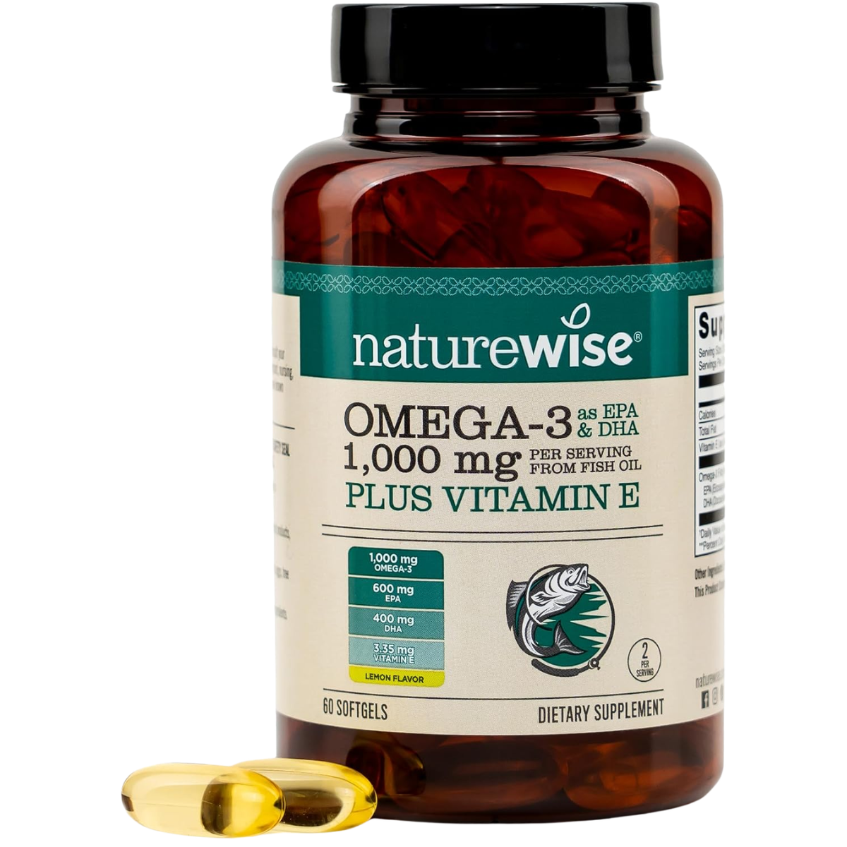 Frasco frontal de NatureWise Omega 3 con vitamina E, 1000 mg por porción, 60 cápsulas blandas.