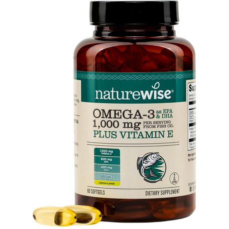 Frasco frontal de NatureWise Omega 3 con vitamina E, 1000 mg por porción, 60 cápsulas blandas.