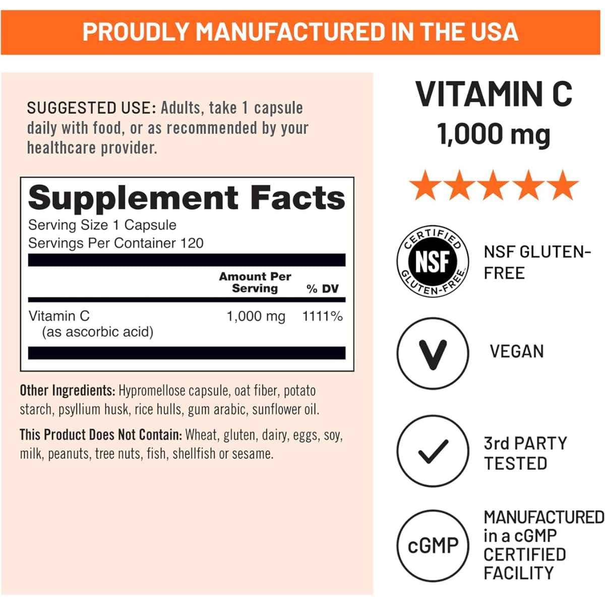 Información del suplemento de NatureWise vitamina C 1000 mg para la presentación de 120 cápsulas.