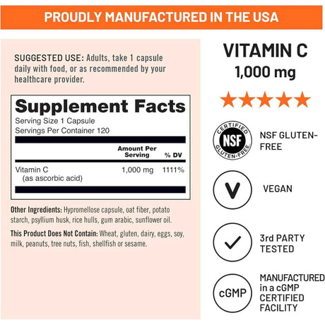 Información del suplemento de NatureWise vitamina C 1000 mg para la presentación de 120 cápsulas.