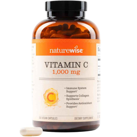Frasco de NatureWise vitamina C 1000 mg en presentación de 360 cápsulas veganas.