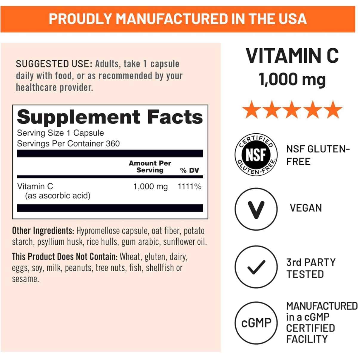 Información del suplemento de NatureWise vitamina C 1000 mg para la presentación de 360 cápsulas.