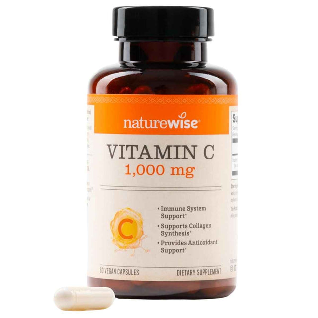 Frasco de NatureWise vitamina C 1000 mg en presentación de 60 cápsulas veganas.