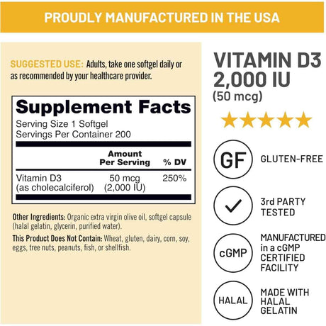 Tabla nutricional del suplemento NatureWise Vitamina D3 2000 IU 200 cápsulas blandas