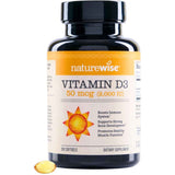 Frasco de suplemento NatureWise Vitamina D3 2000 IU 200 cápsulas blandas