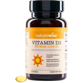 Frasco de suplemento NatureWise Vitamina D3 2000 IU 30 cápsulas blandas