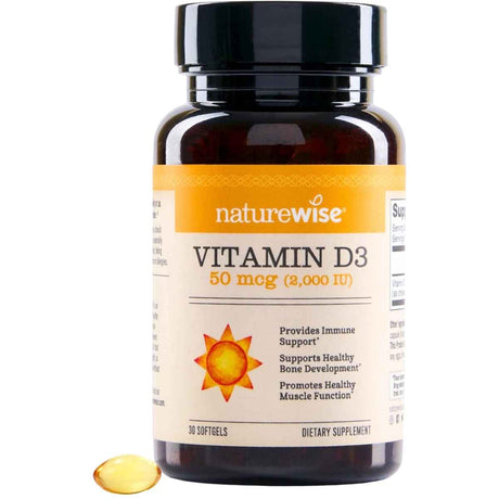 Frasco de suplemento NatureWise Vitamina D3 2000 IU 30 cápsulas blandas