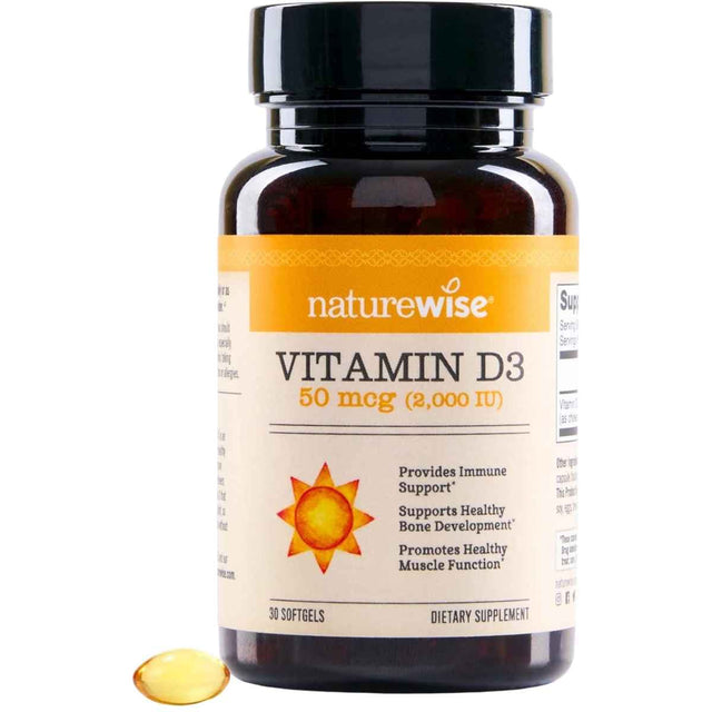Frasco de suplemento NatureWise Vitamina D3 2000 IU 30 cápsulas blandas