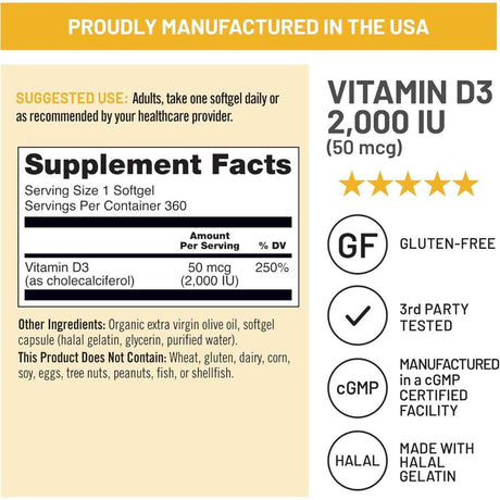 Tabla nutricional del suplemento NatureWise Vitamina D3 2000 IU 360 cápsulas blandas