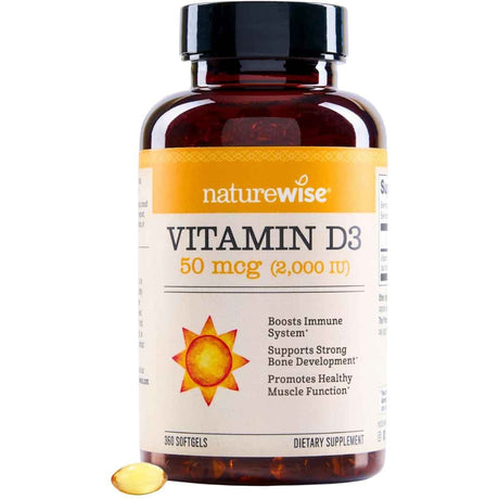 Frasco de suplemento NatureWise Vitamina D3 2000 IU 360 cápsulas blandas