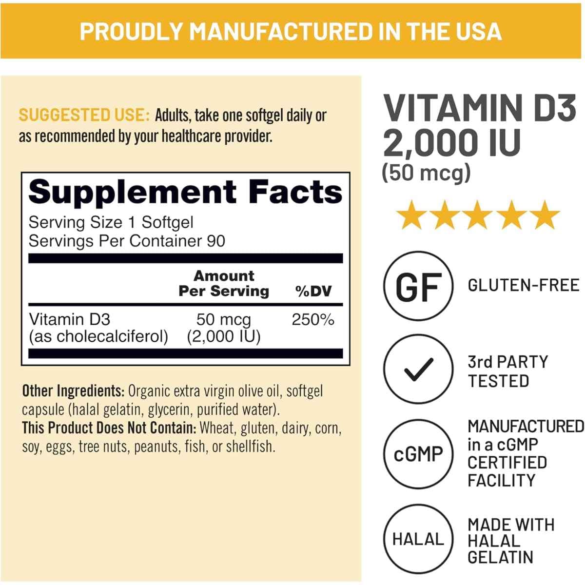 Tabla nutricional del suplemento NatureWise Vitamina D3 2000 IU 90 cápsulas blandas