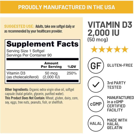 Tabla nutricional del suplemento NatureWise Vitamina D3 2000 IU 90 cápsulas blandas