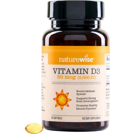 Frasco de suplemento NatureWise Vitamina D3 2000 IU 90 cápsulas blandas