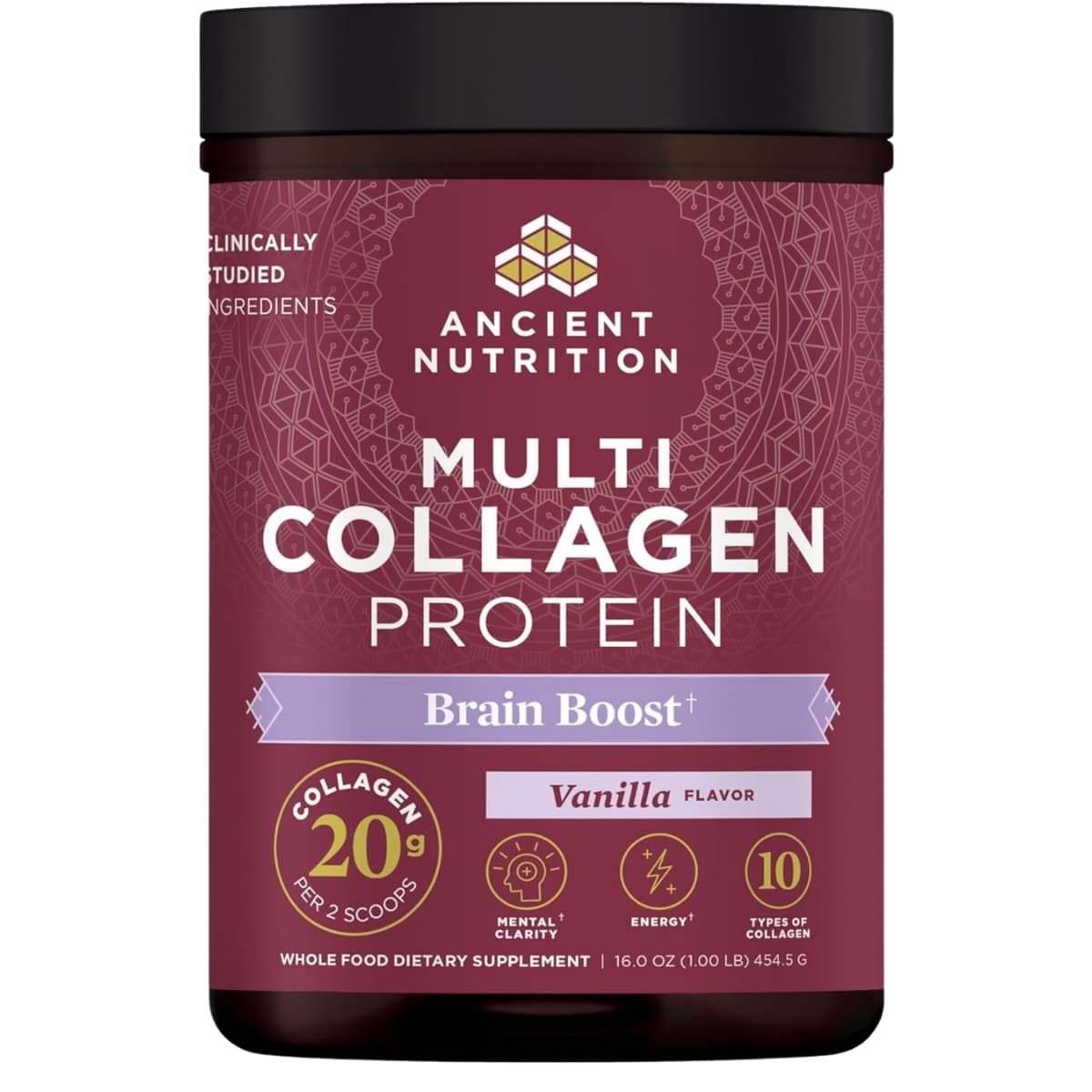Frasco de suplemento Ancient Nutrition Colágeno Brain Boost Vainilla 1 lb