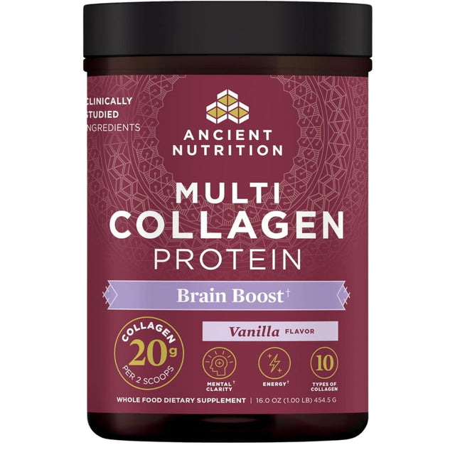 Frasco de suplemento Ancient Nutrition Colágeno Brain Boost Vainilla 1 lb
