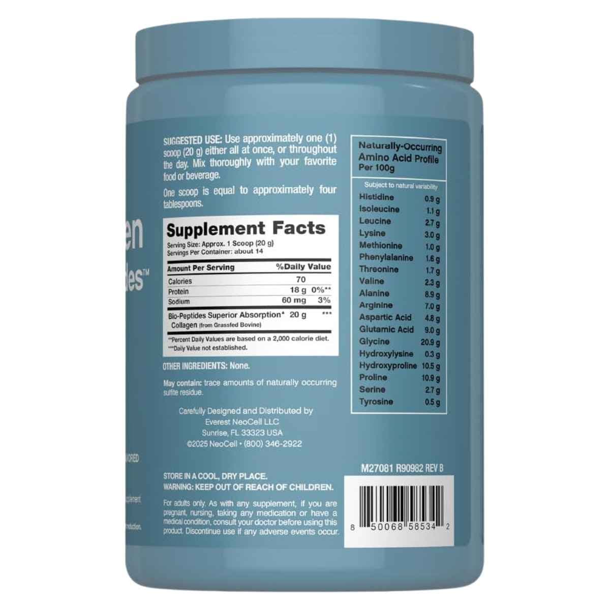 Información del suplemento NeoCell colágeno Bio-Peptides en polvo sin sabor 10 oz