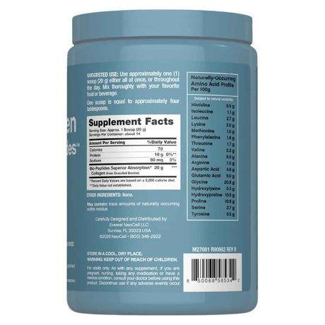 Información del suplemento NeoCell colágeno Bio-Peptides en polvo sin sabor 10 oz