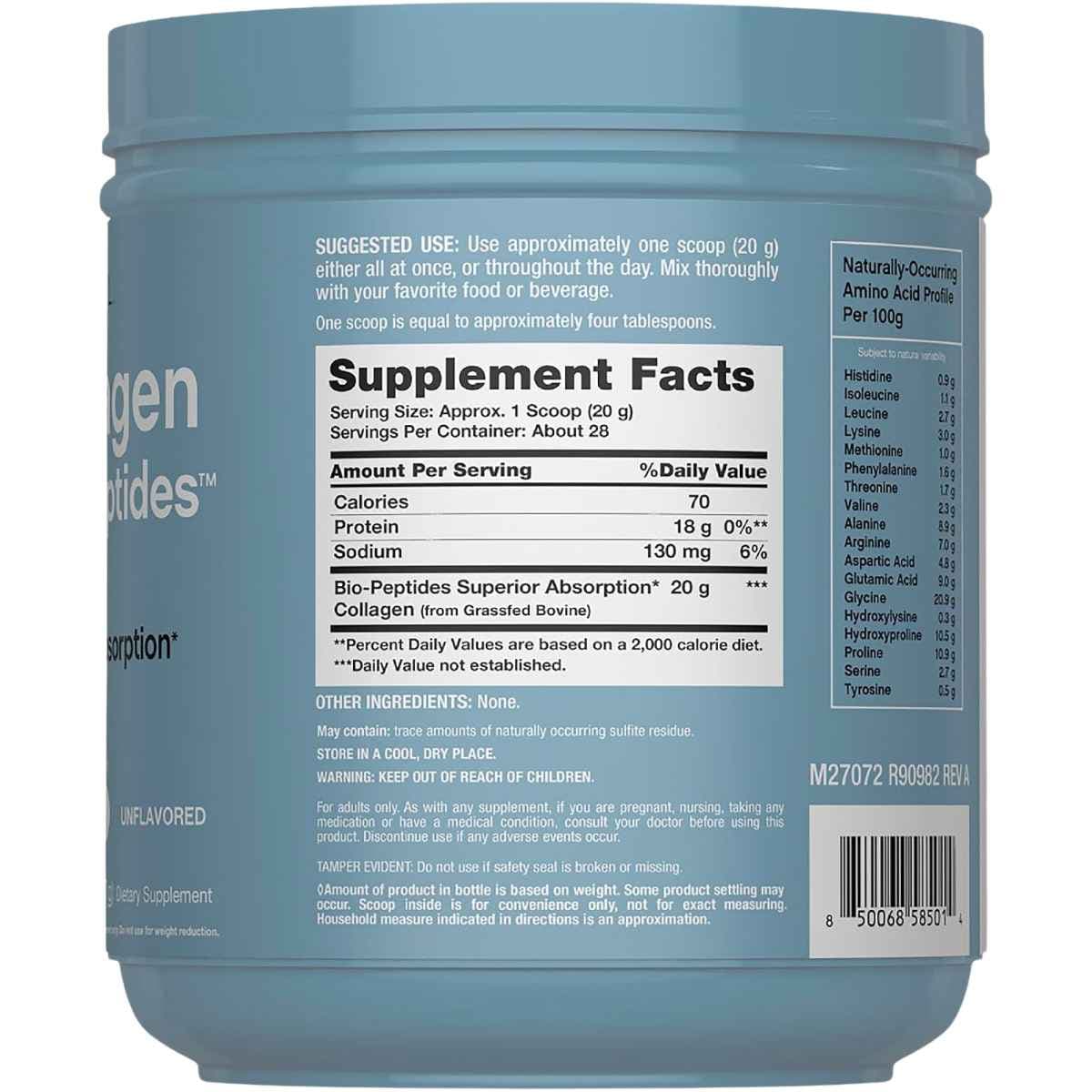 Información del suplemento ampliada NeoCell colágeno Bio-Peptides en polvo sin sabor 20 oz